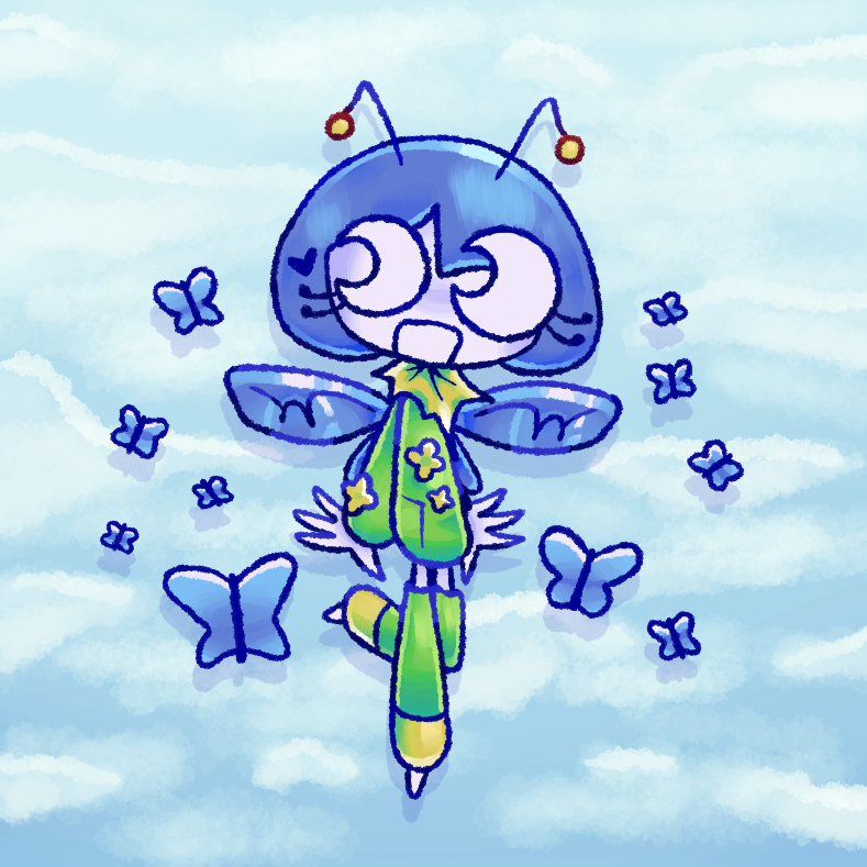hypoluna in a butterfly inspired outfit, flying with butterflies