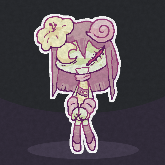 unconfident hypoluna missing an eye with a flower and seashell atop their head